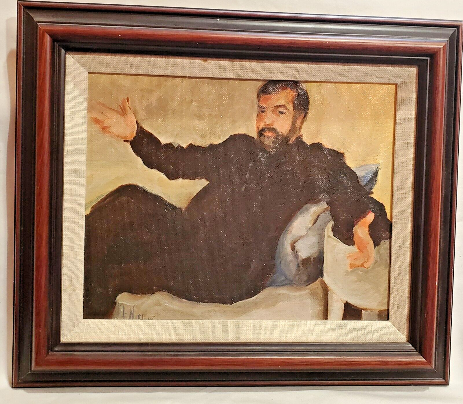 Oil on Canvas Portrait Man in Black Reclining Signed L Nielsen 13 1/2 x 11 1/2