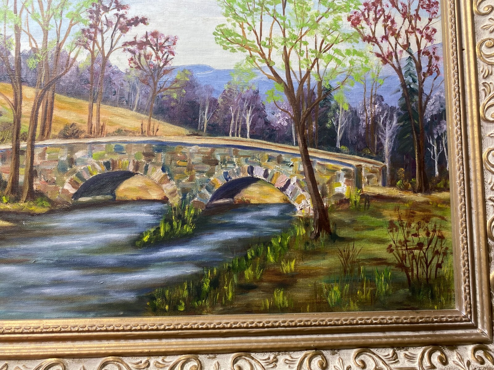 E.W Bailey «Stone Bridge And River Landscape Scene » Oil Painting -Signed/Framed