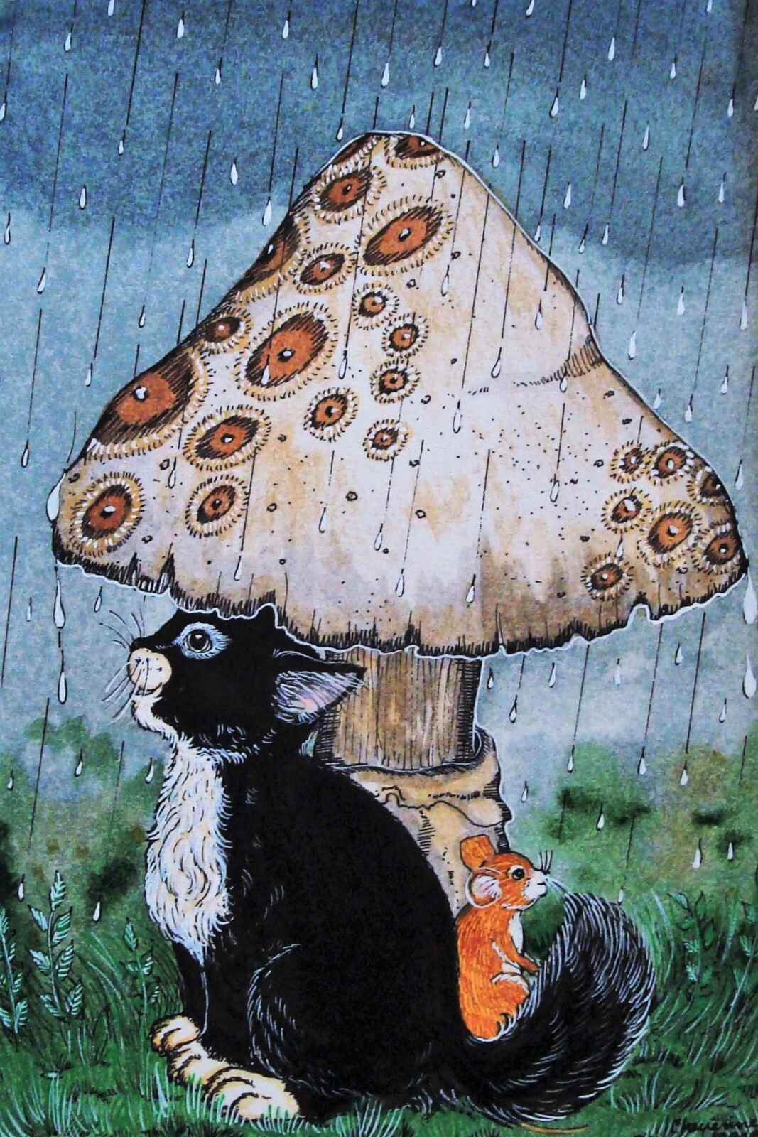 Signed CHEYENNE – Cat & Mouse, Giant Mushroom Watercolor/Gouache/Ink Painting