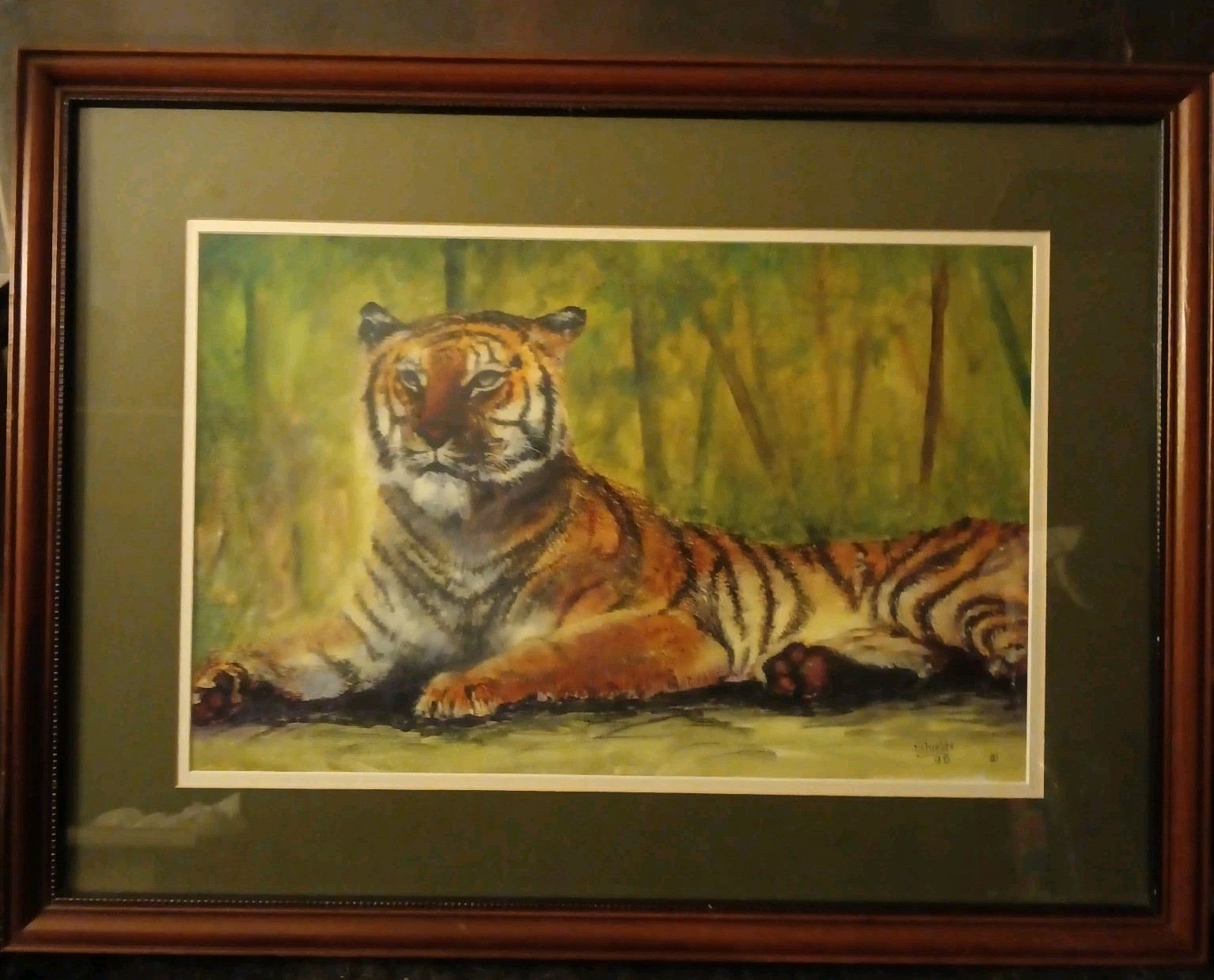 Original Oil On Canvas Painting Of A Tiger Signed Shields 98. Glass Framed.