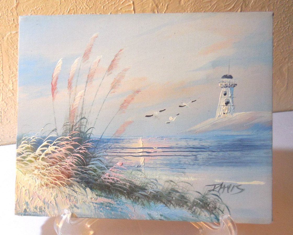 Original Peaceful Seascape Coastal Beach Sand Seagulls Lighthouse Signed Davis