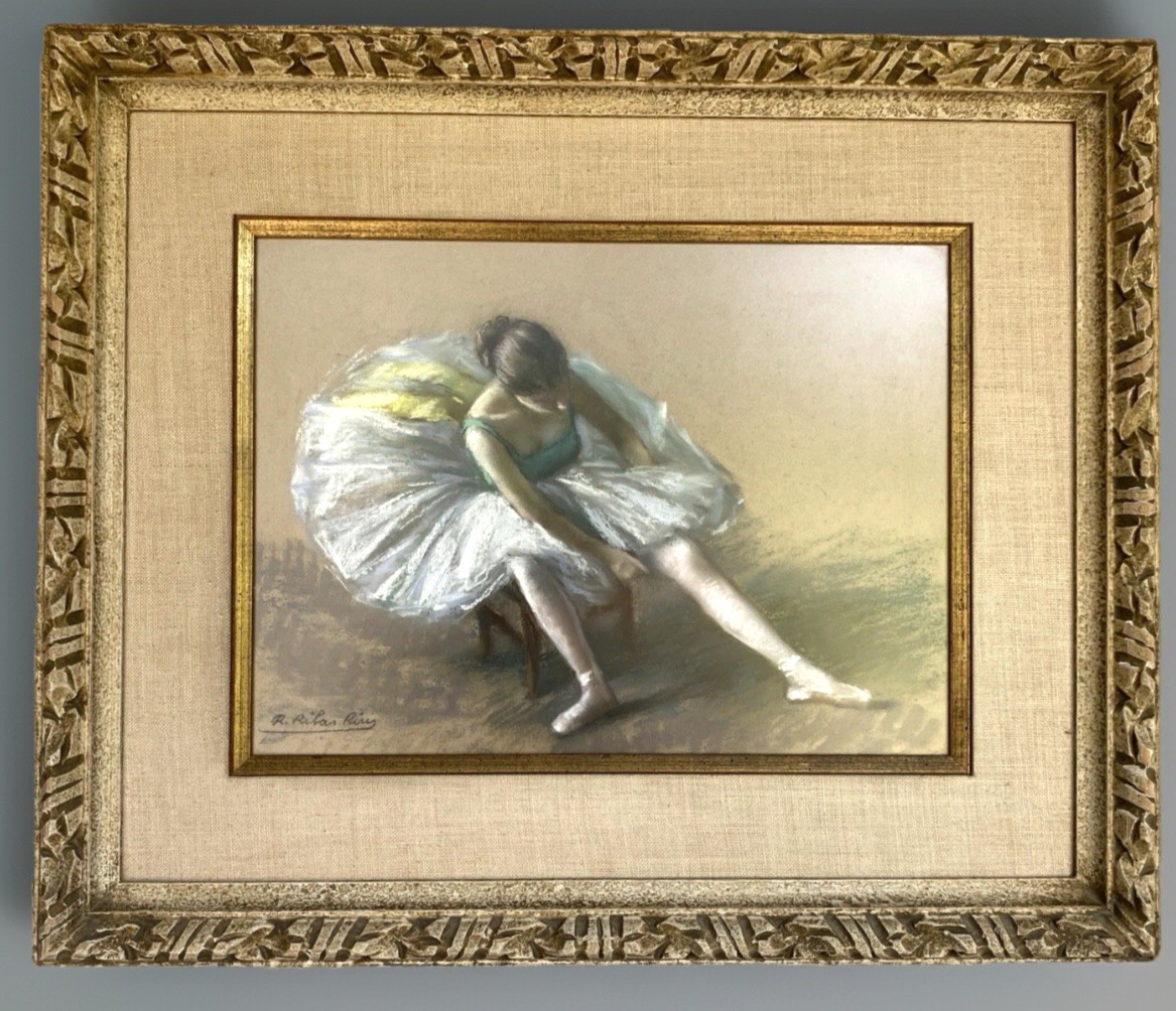 Vtg Custom Framed Original Ballerina Pastel by Ramon Ribas Rius, Overall 24×20