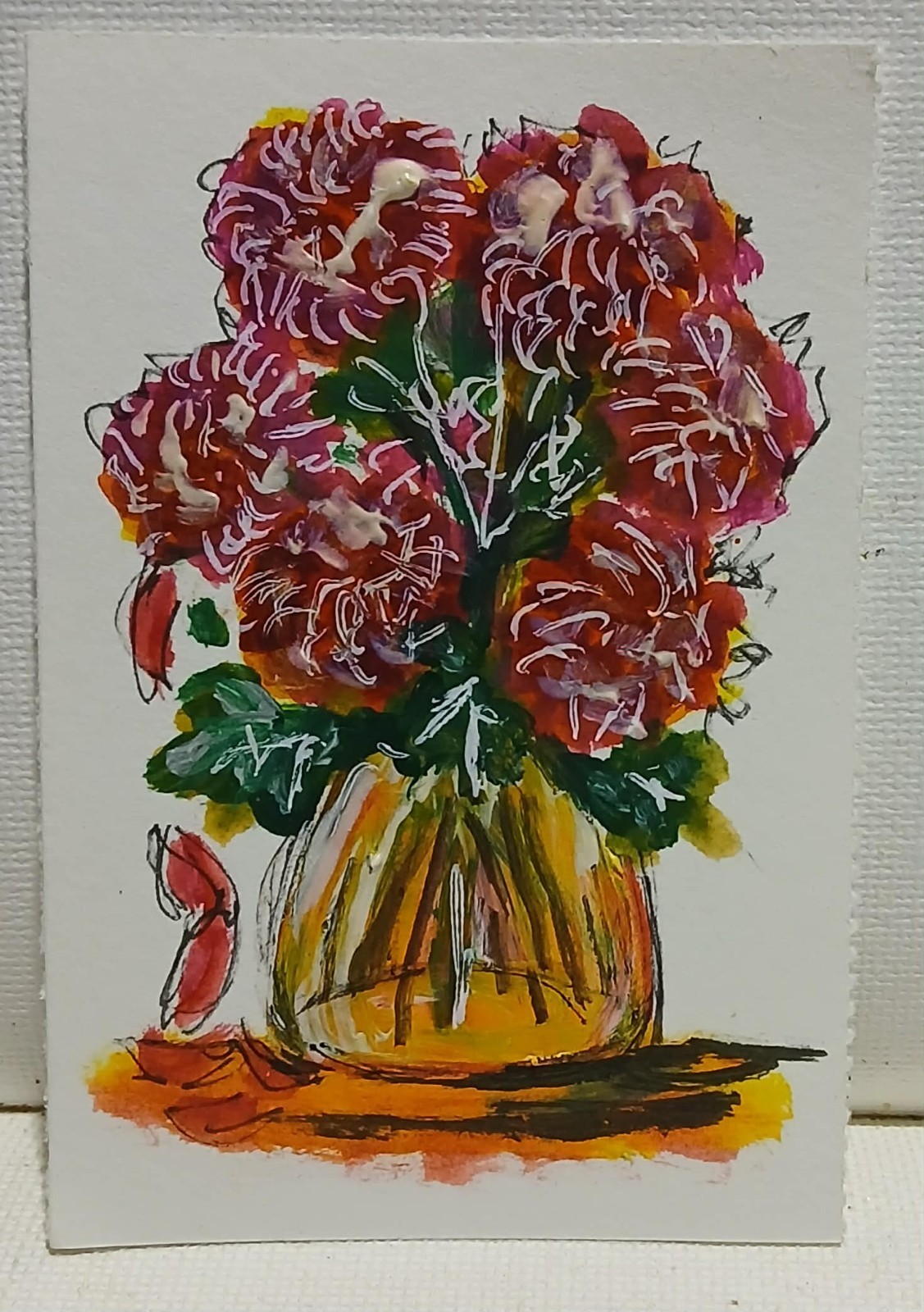 ACEO OOAK Marigolds & Chrysanthemums in Colored Glass Vases Watercolor Scribble