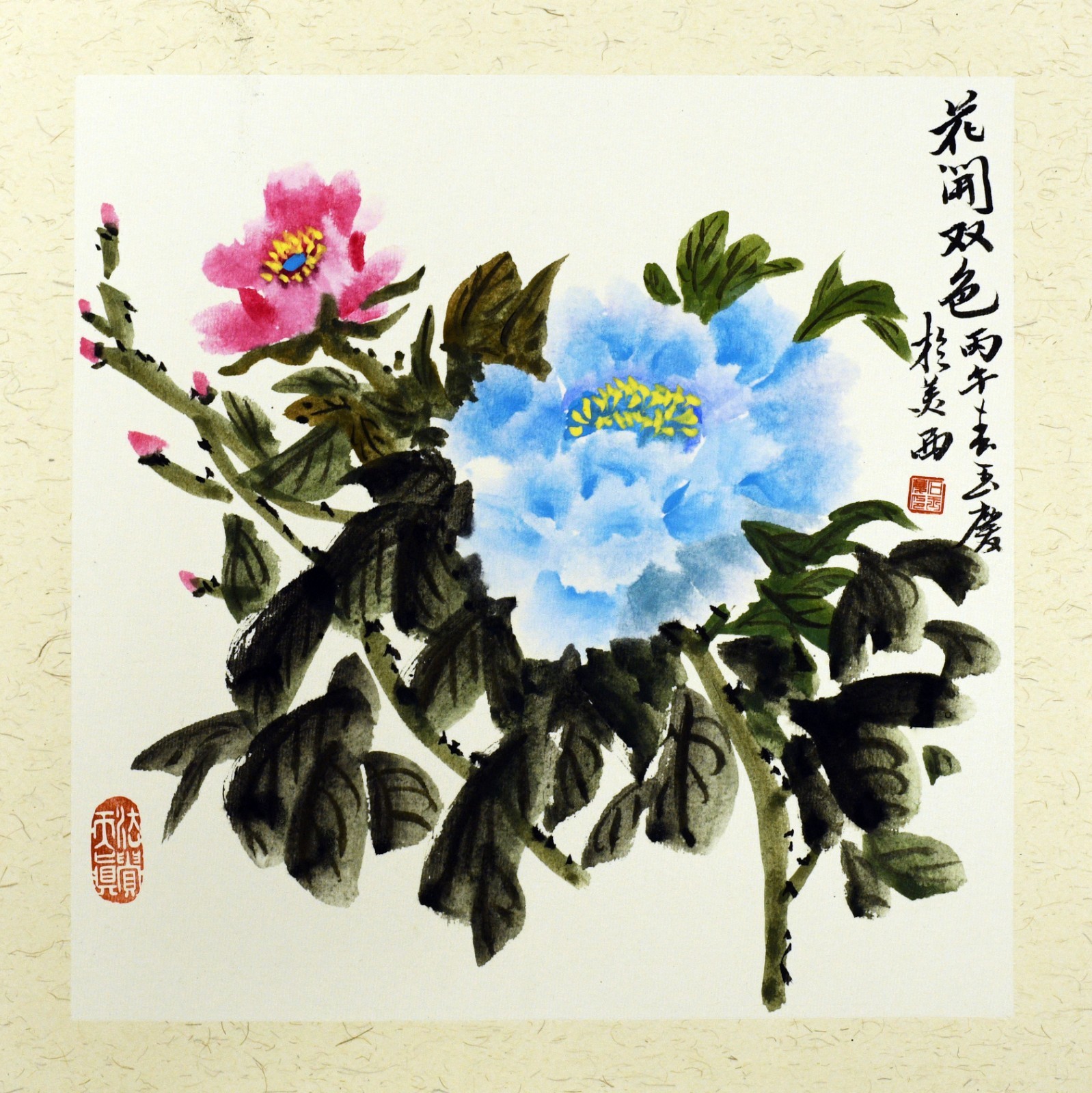 Original Chinese Pink and Blue Peony Painting on Xuan Paper