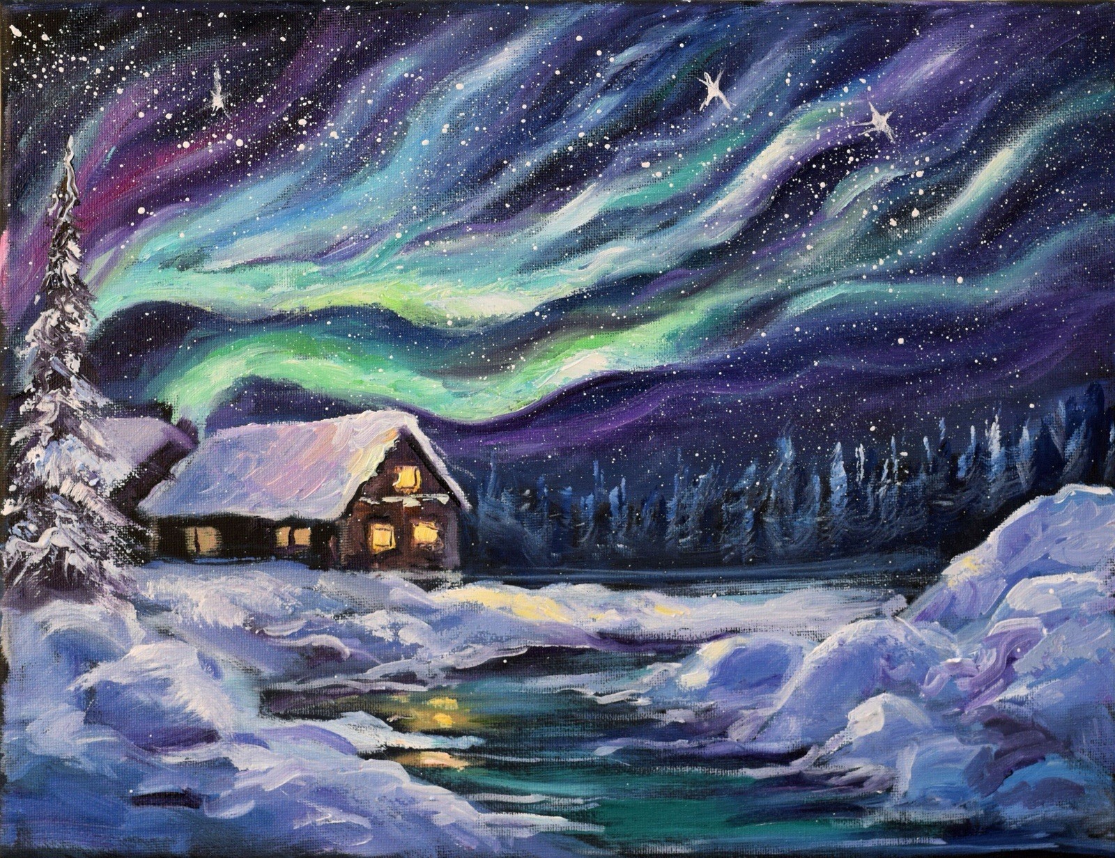Northern Lights Painting Aurora Borealis Landscape Original Night Sky Minnesota