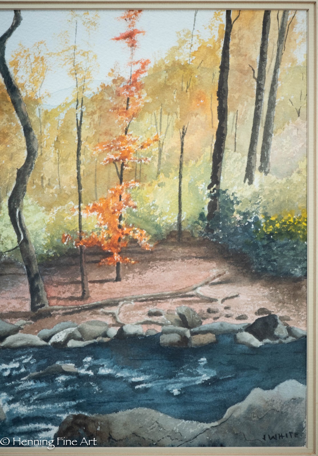 Vintage Fall Wooded River Landscape Painting by J. White, Signed & Fine! 20×21″