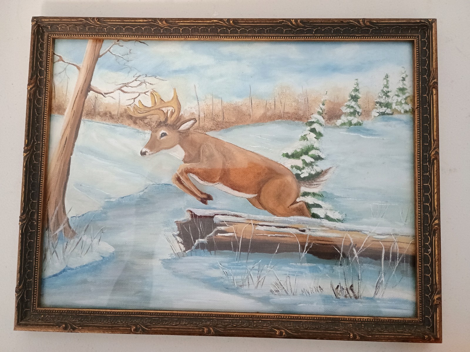 Vintage Acrylic on Canvas Deer in Forest Brook Winter Painting Signed 10×13 RTH