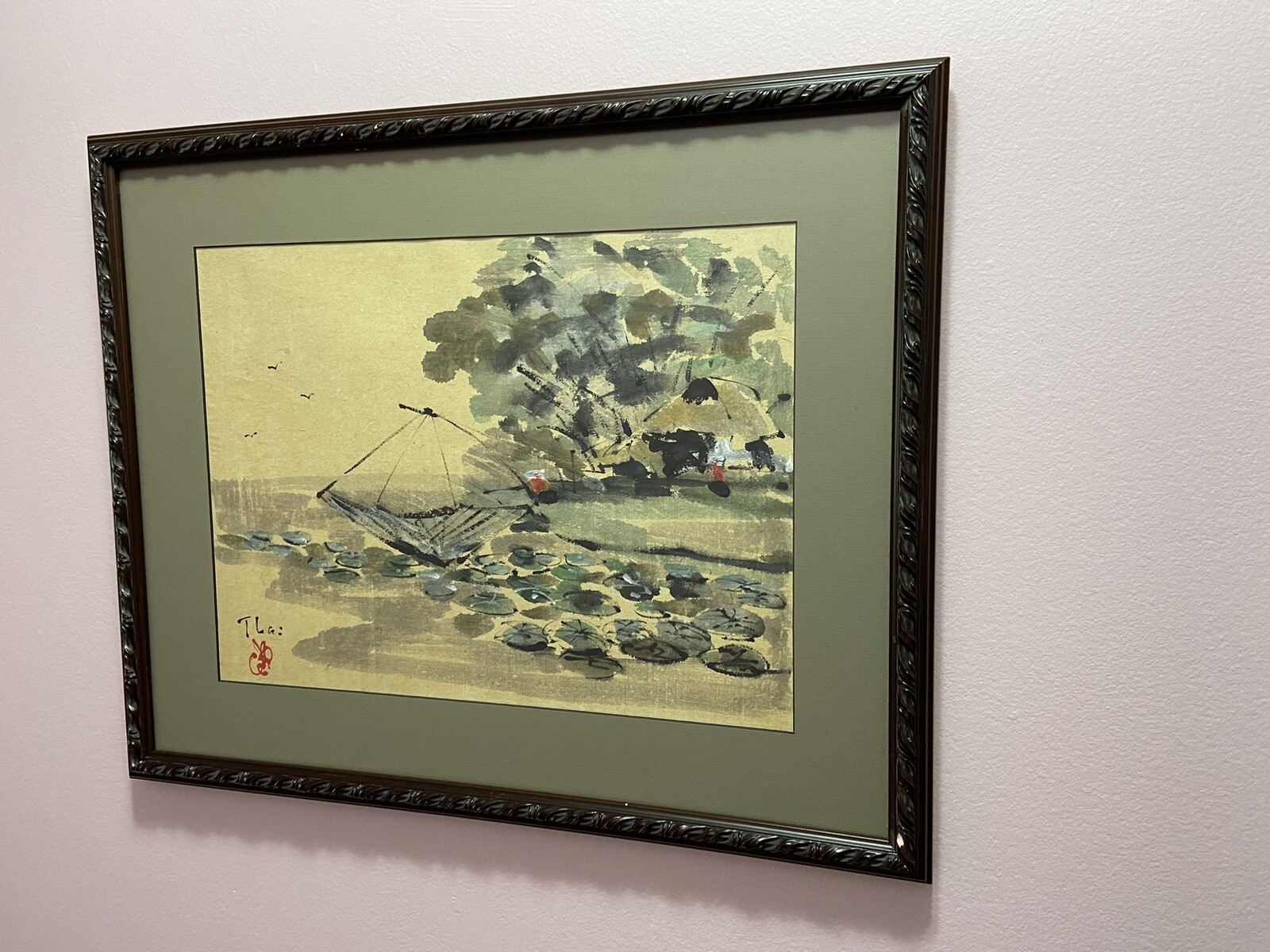 Oriental Asian Watercolor Museum Quality Framed Sea Front Signed Chop Mark