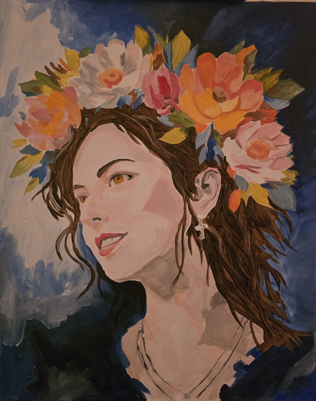 Floral Crown – Original Portrait Painting, Acrylic on 16×20 Canvas