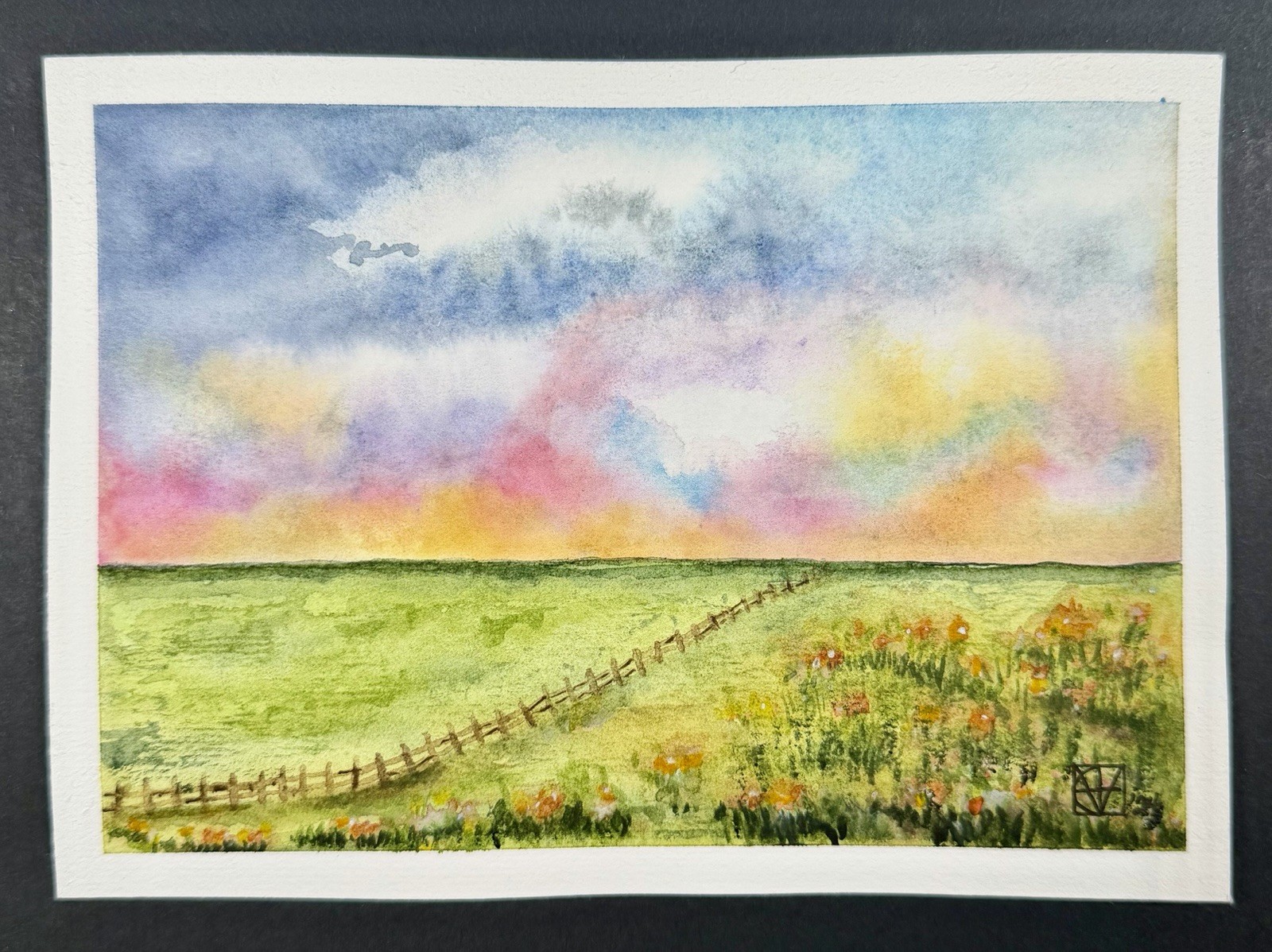 M. Hackney Original Watercolor Landscape Fence Flowers 5×7 Signed OOAK