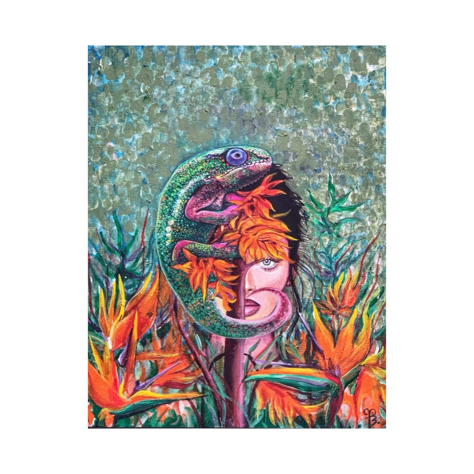 Original Acrylic Painting Portrait Woman with Flowers Unique Art Modern