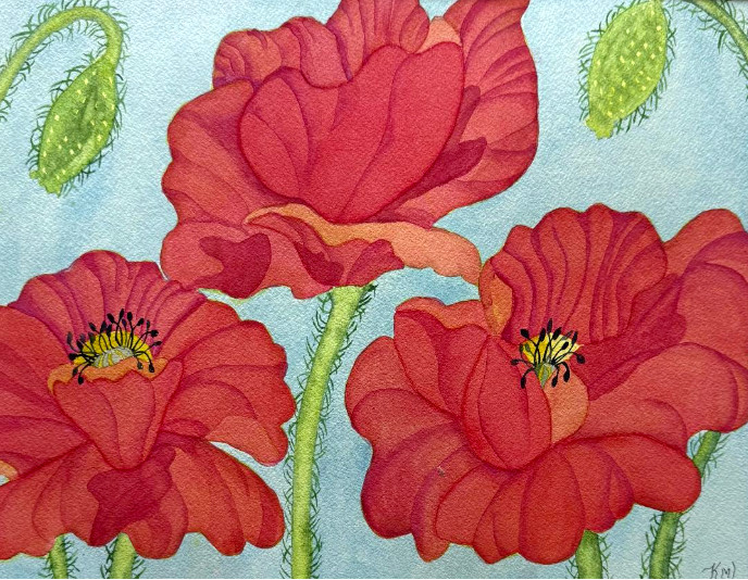 PAINTING WATERCOLOR ORIGINAL ART RED ORANGE POPPY FLOWERS GREEN 11X14 MAT 16X20