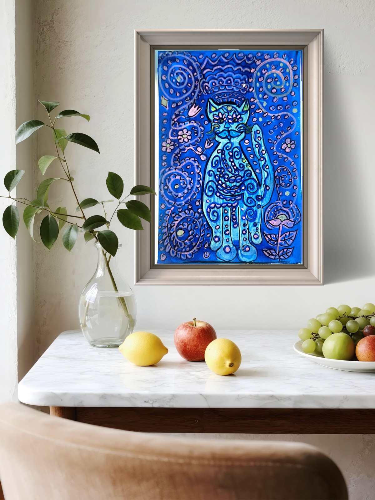 Mystical Cat Contemporary Expressionist Original Art Acrylic On Paper 9×6 Signed