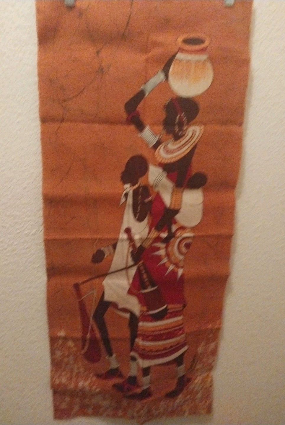 Vintage African Batik Art Painting Woman Child and Baby Vibrant Colors Signed