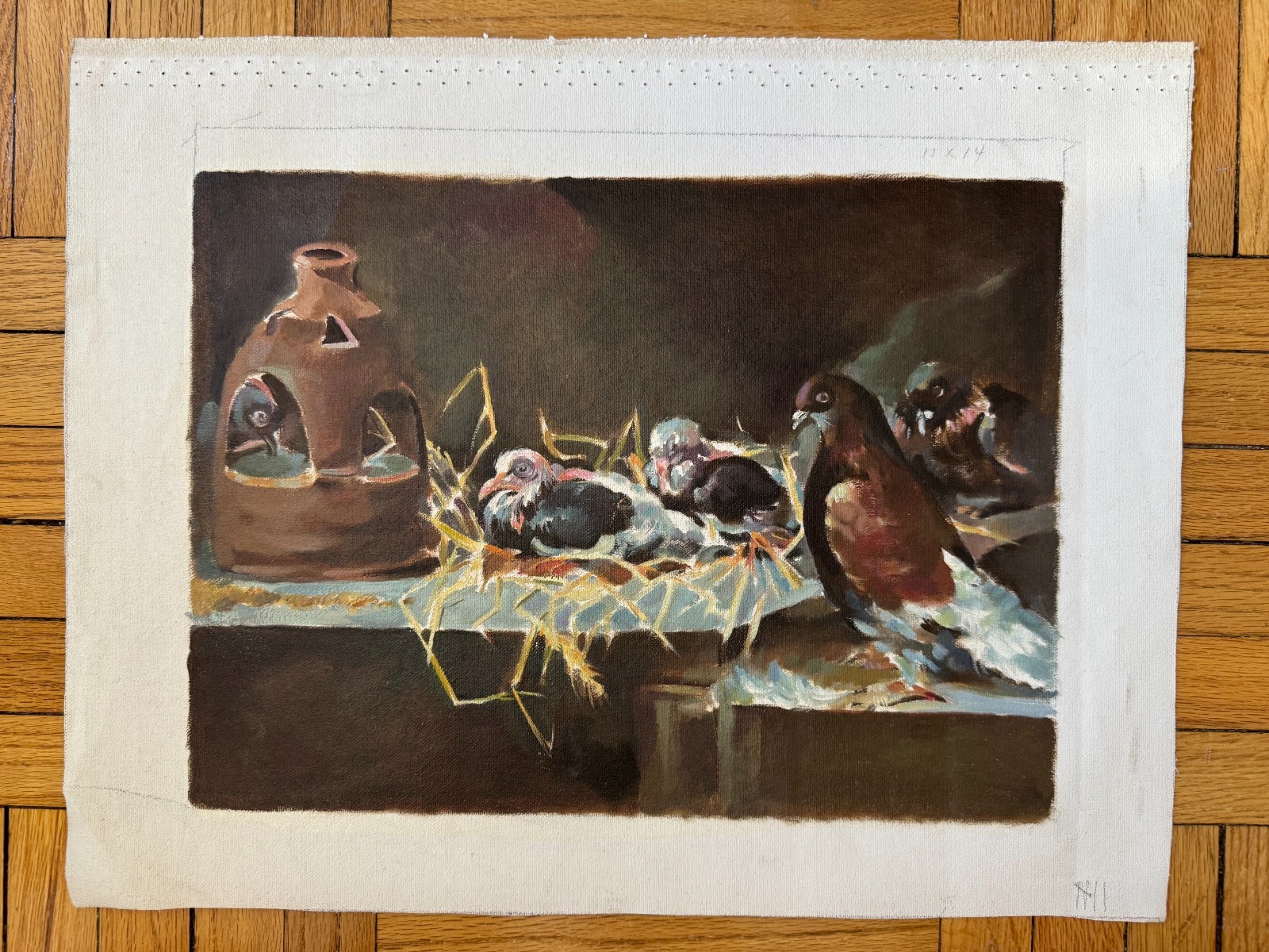 Vintage Acrylic Canvas Painting Birds Doves in a Roost Coop Scene 10 x 14 OOAK