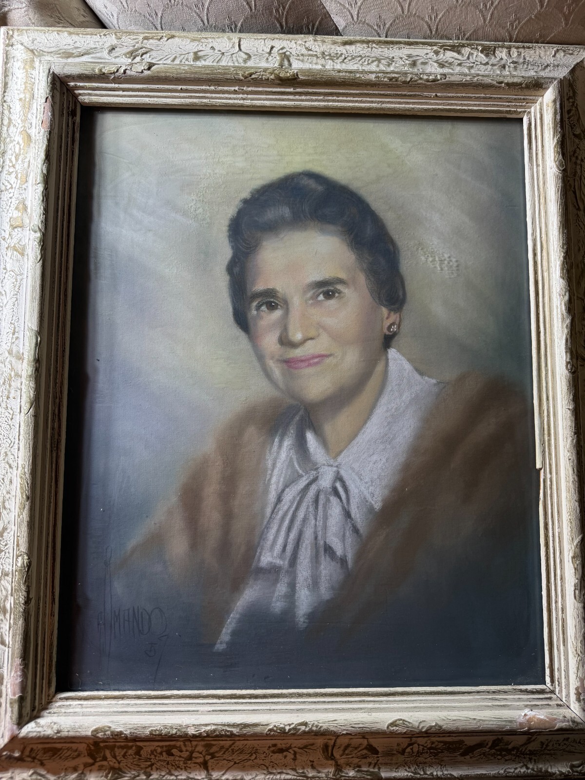 Vintage «Female Portrait Scene» Mixed Media Painting -Signed And Framed
