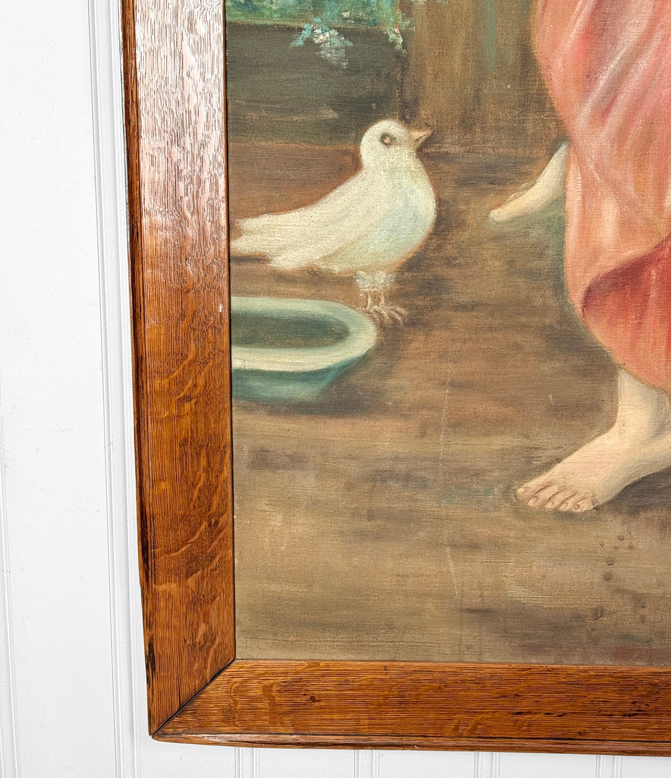 Antique Realism «Women in Pink Dress w/ Forest Doves» Oil on Canvas Painting