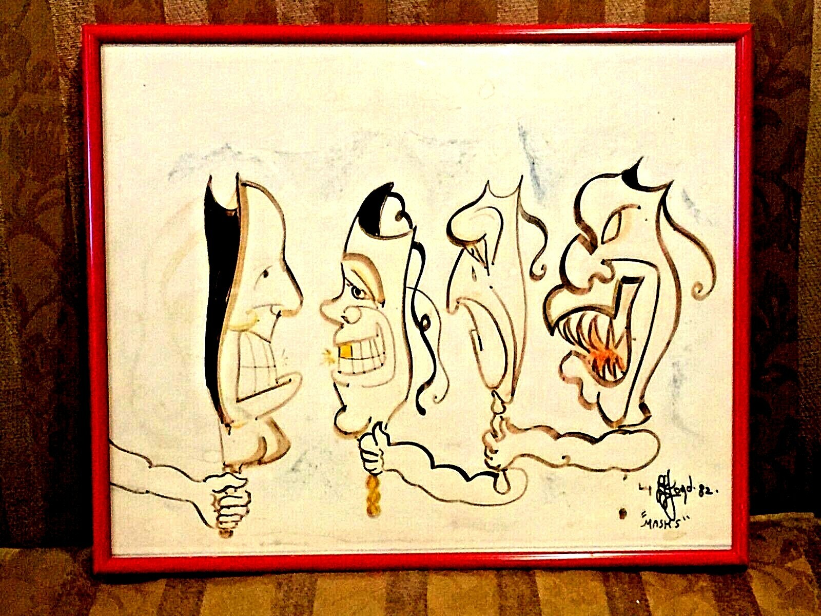 VINTAGE MARKER ON PAPER PAINTING MASKS SIGNED W/METAL FRAME