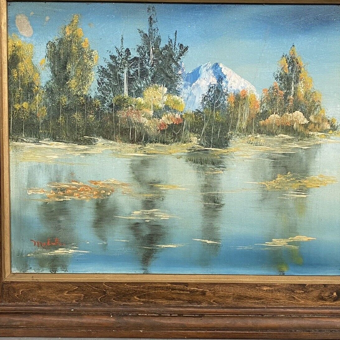 VTG Oil Painting Autumn Lake Mountain Landscape Scenery Signed Wood Frame Canvas