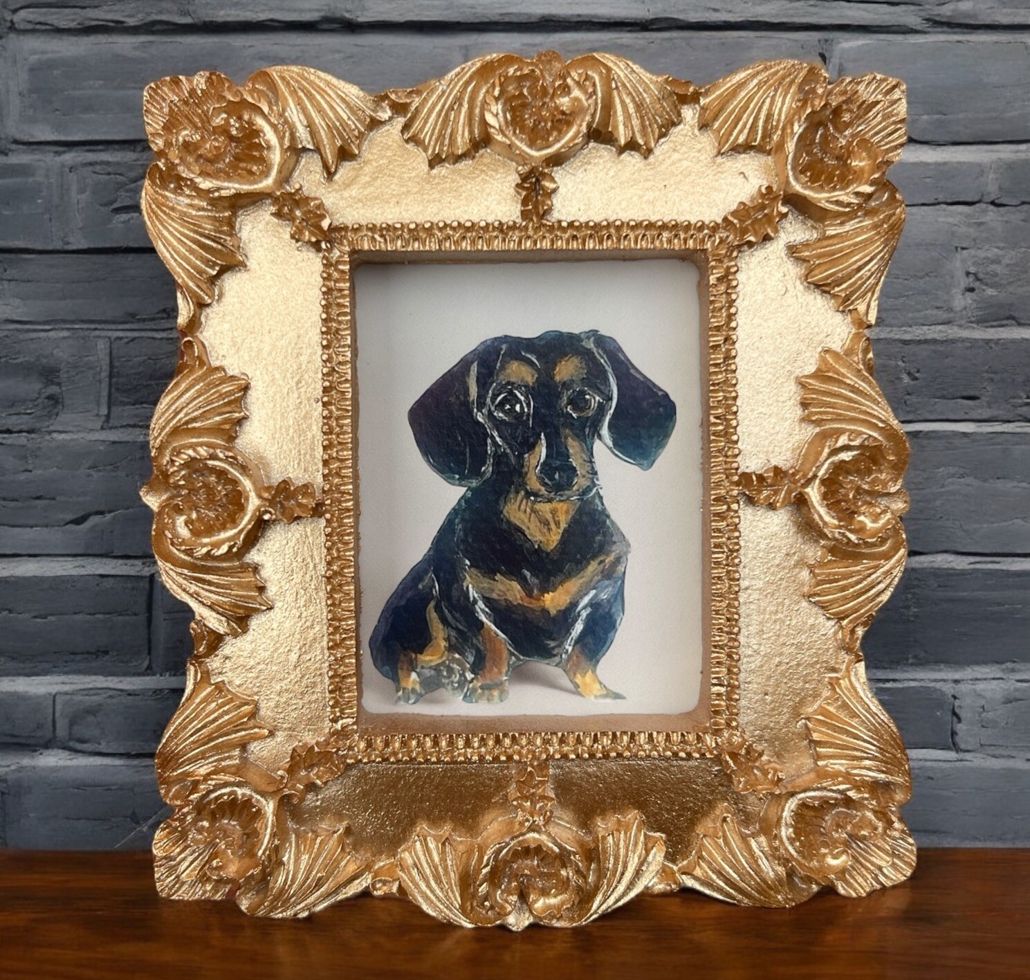 Dachshund puppy dog mini watercolor print in gold vintage style ornate frame