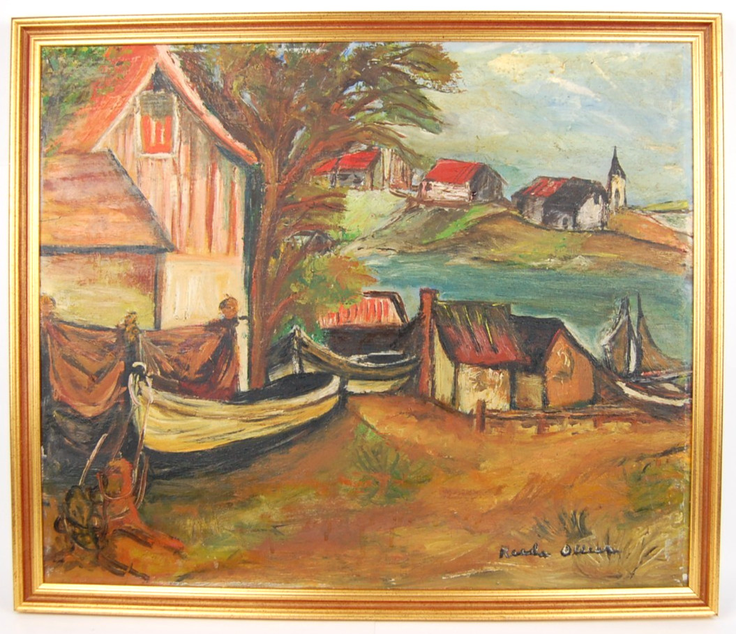 Original Signed Reeda Ollear River Harbor Scene Impressionist Oil Painting 24X20