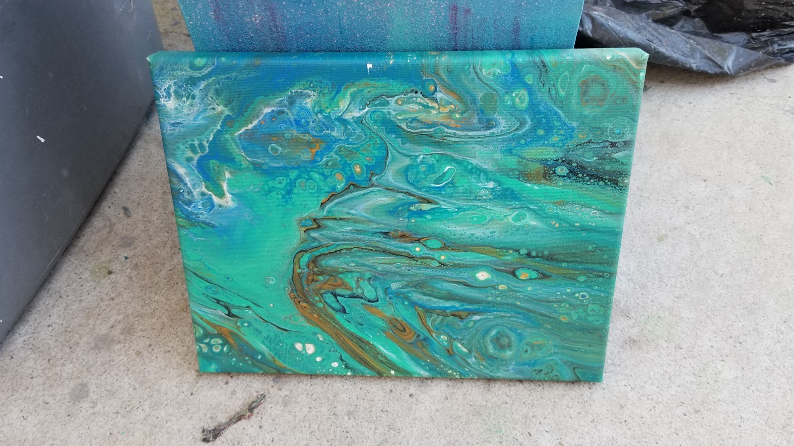 Original Acrylic Paint Pour Painting on Canvas – Orange, Black, Turquoise Blue