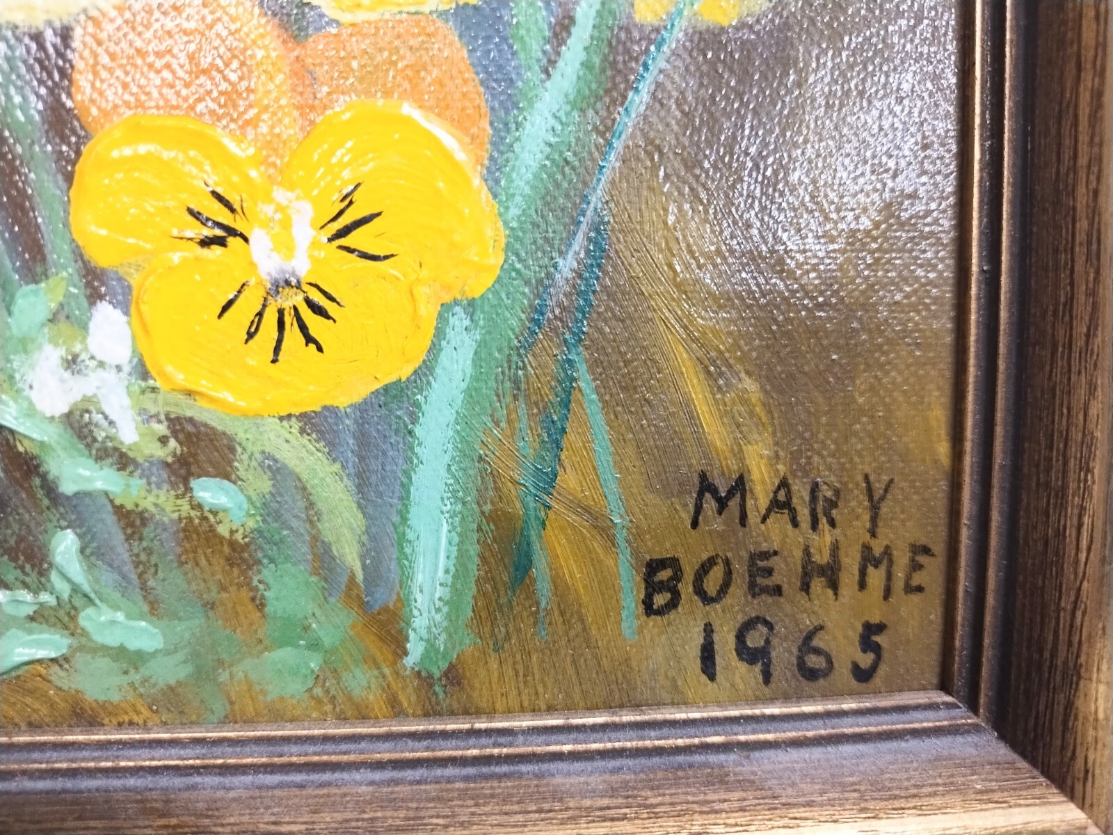 Mid Century Primitive Impressionist Style Flowers Still Life Oil Painting Signed