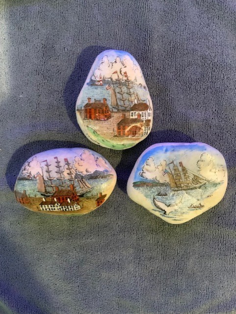 J. H. Wilson hand painted nautical scene on river rocks, set of three