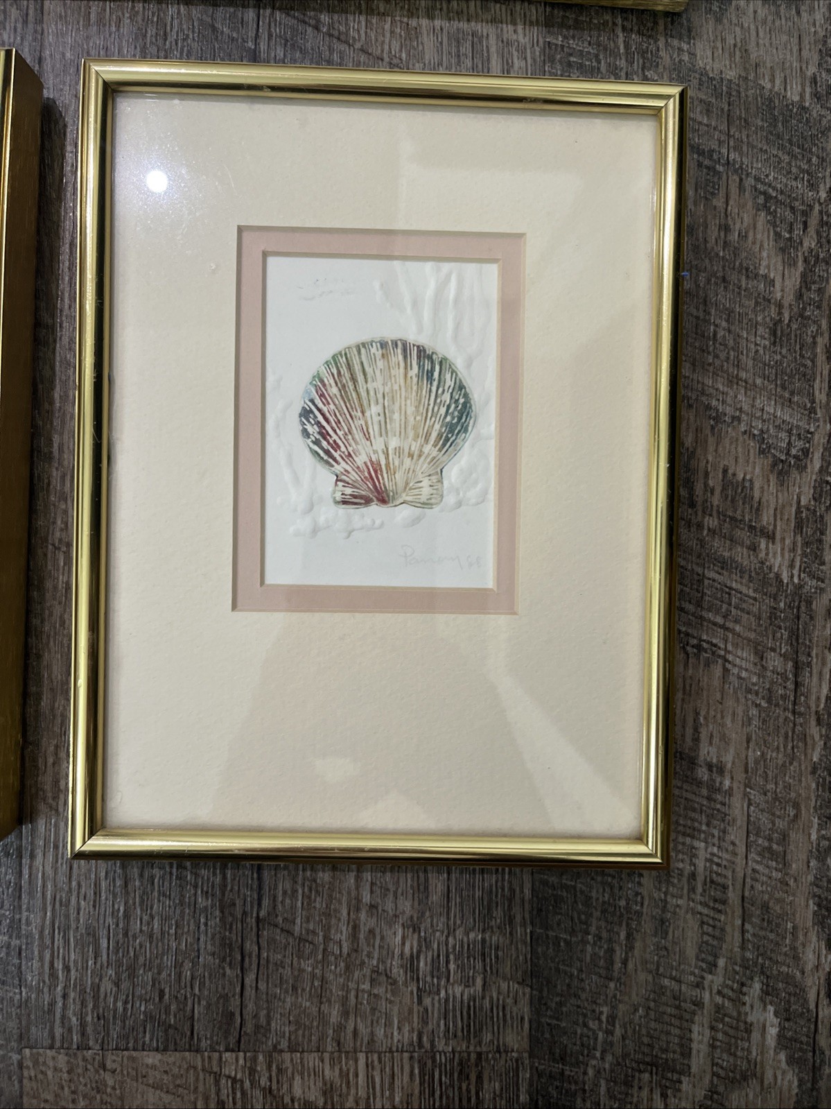 3 Vtg Matted Framed Signed And Dated Embossed Paper With Watercolor Seashells