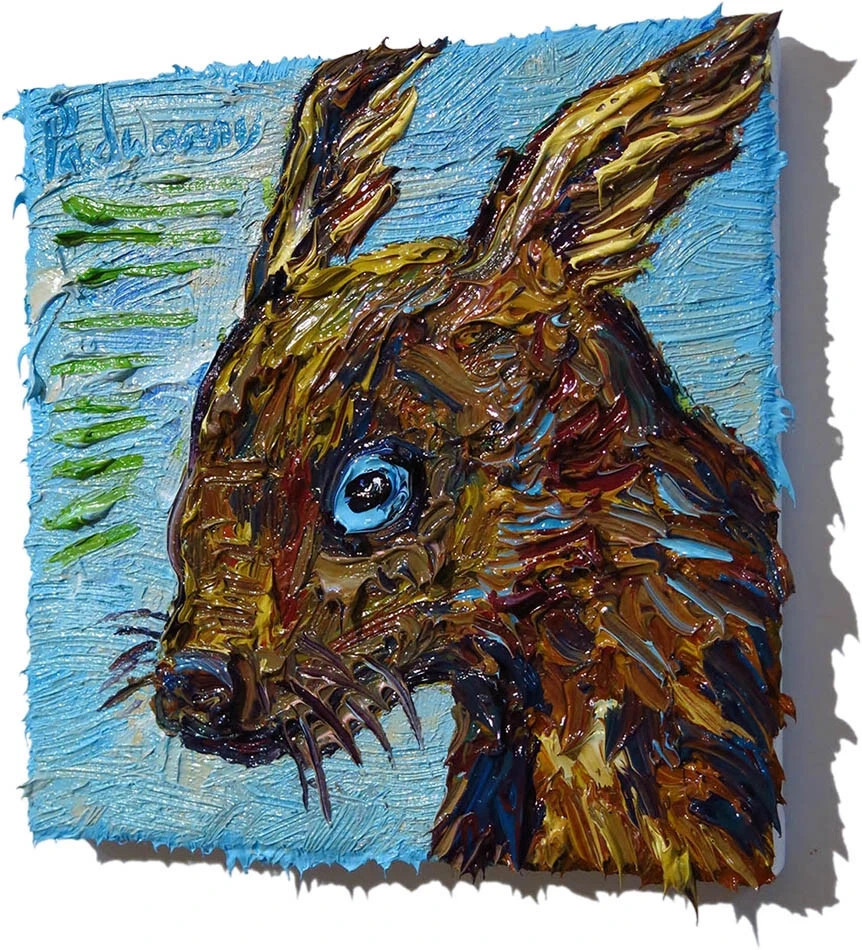 ORIGINAL OIL█PAINTING VINTAGE█ART SIGNED OUTSIDER cute POP ANIMAL PET NATURE EYE