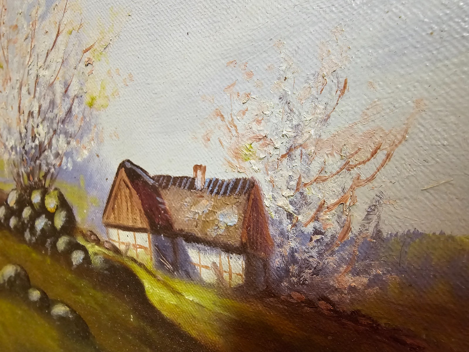 Vintage Original Oil Painting on Canvas Landscape countryside rural cottages