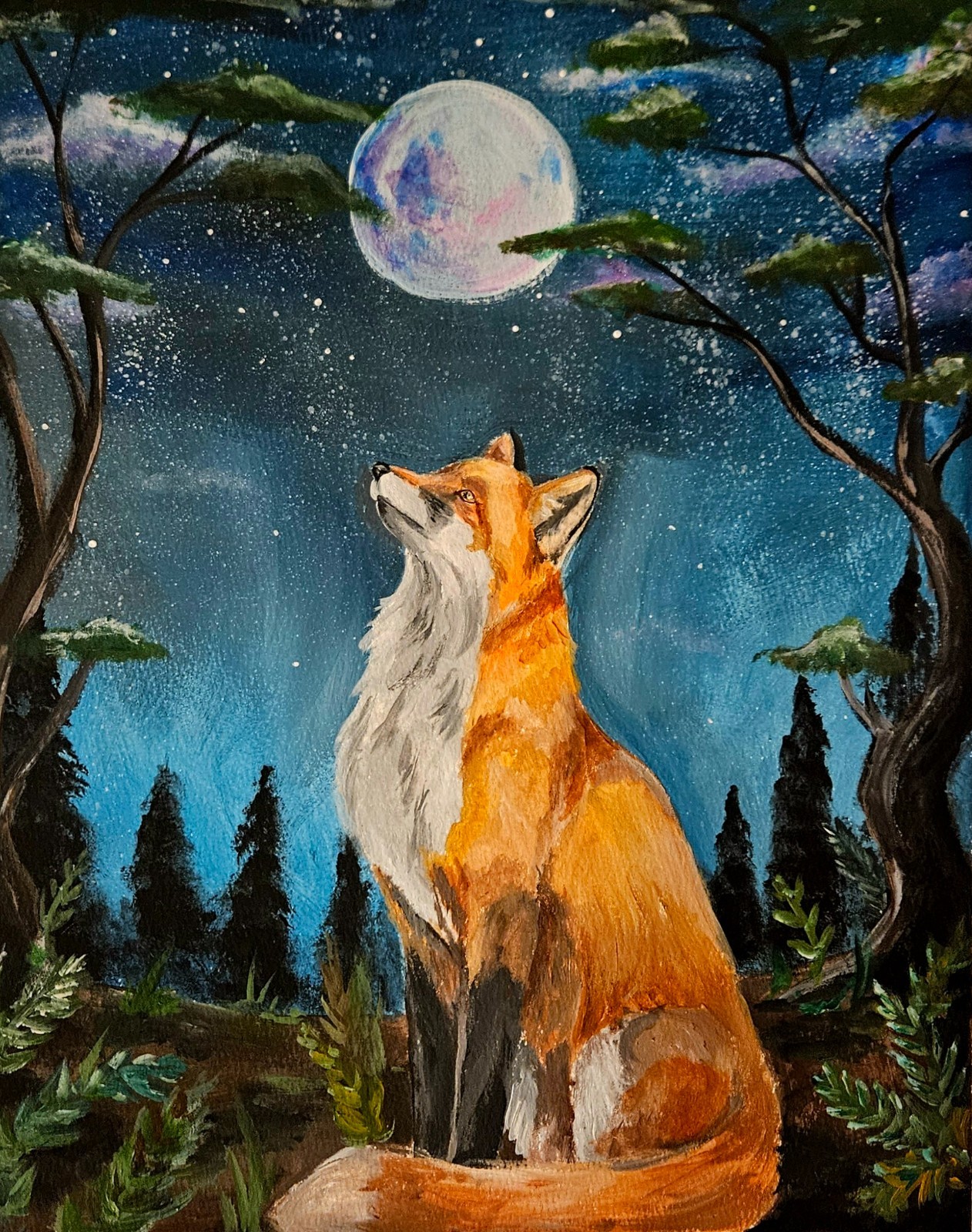 Original 11×14 acrylic painting, NOT an aceo, fox in the moonlight