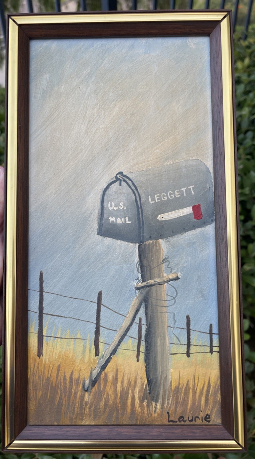 Americana Artwork US Mailbox Fence Painting Framed Countryside Decor 13×7 MCM