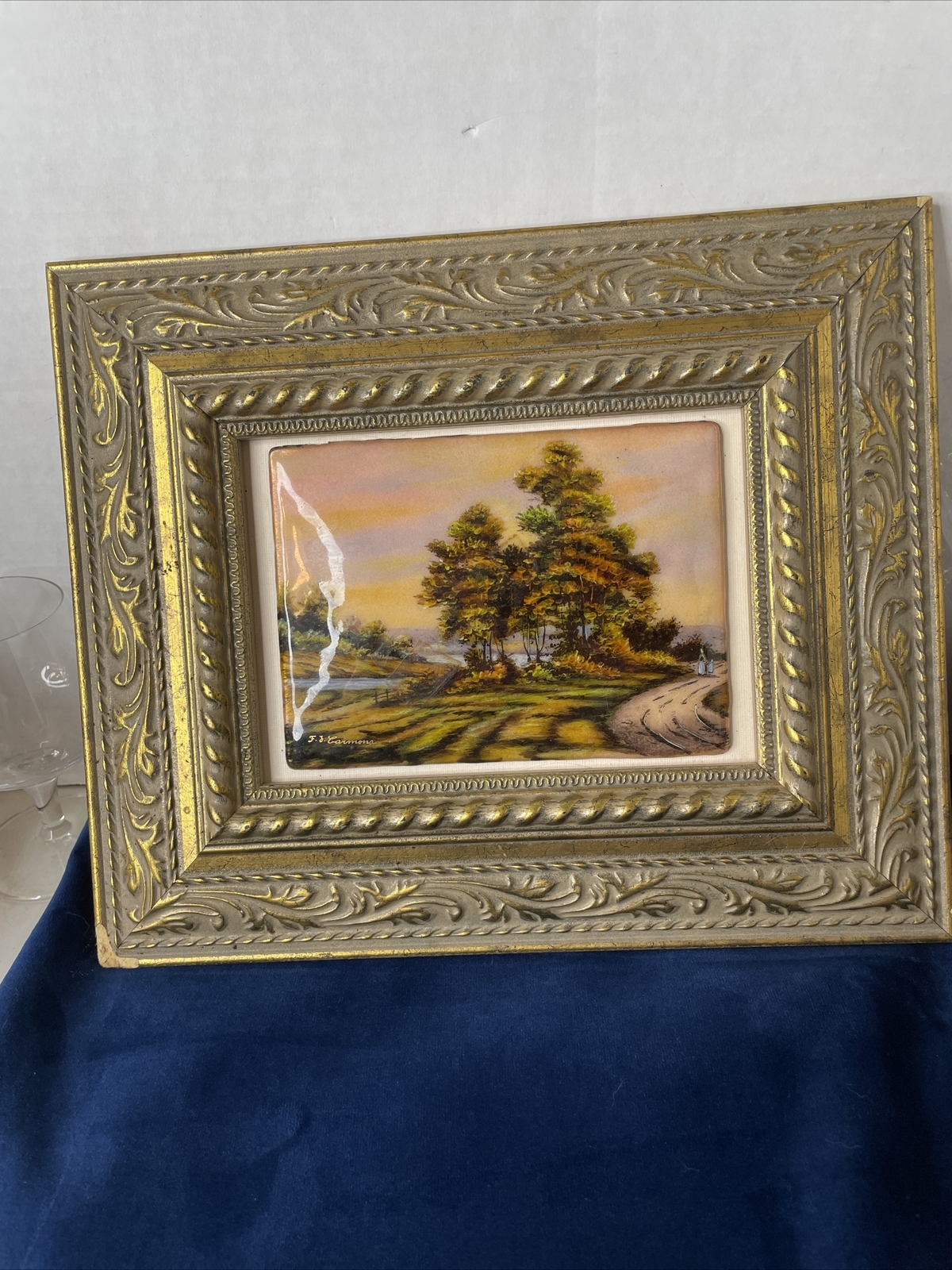 Antique Small Painting Enamelled Trees Road On Copper F.J.Carmona France Limoges