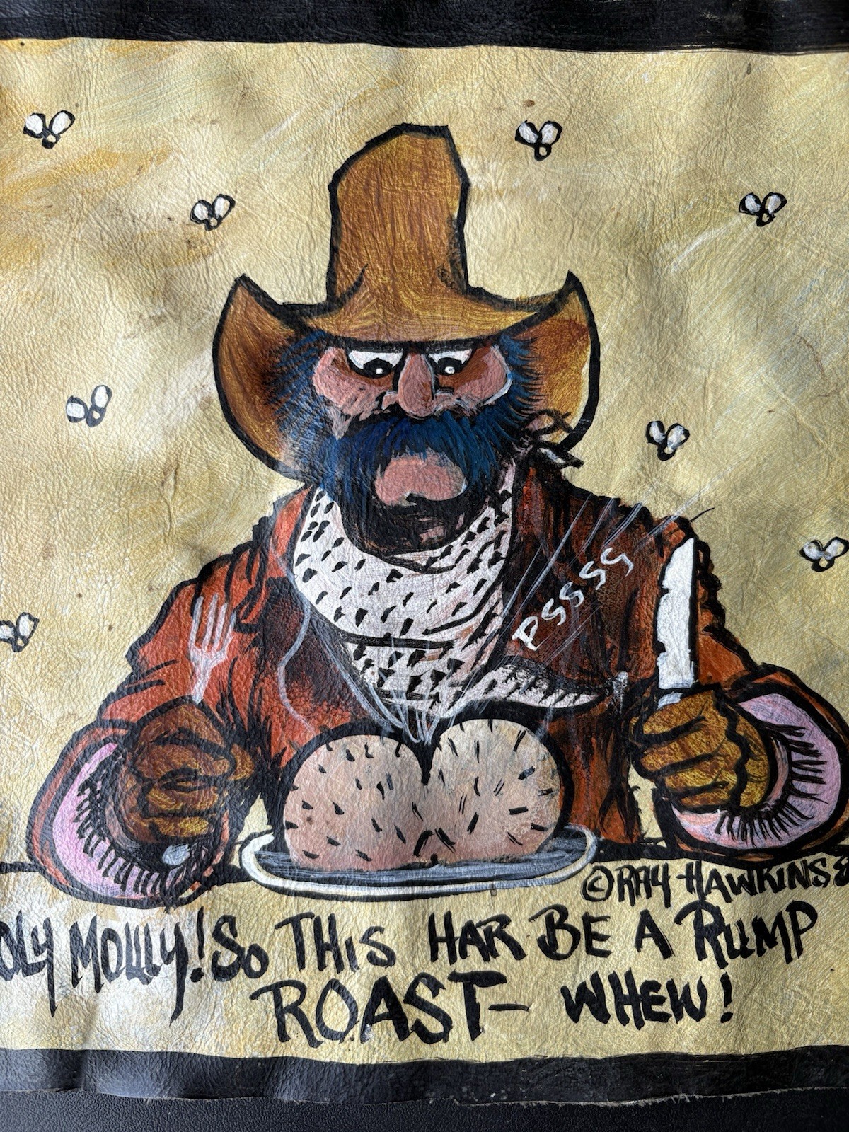 Vintage 1982 Hand Painted Leather Biker Art Cowhide Ray Hawkins Folk Art