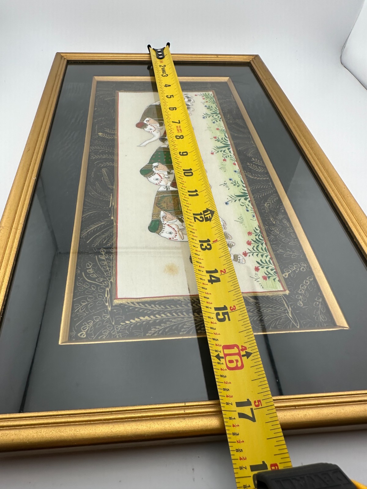 Framed Indian Miniature Elephant Procession Painting Silk Art Gold Frame 17 In