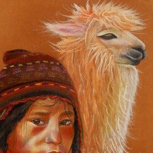 Alpacas, Llama, & Shepherd From Peru Andes. Original Painting, by: A. C. Eqiva