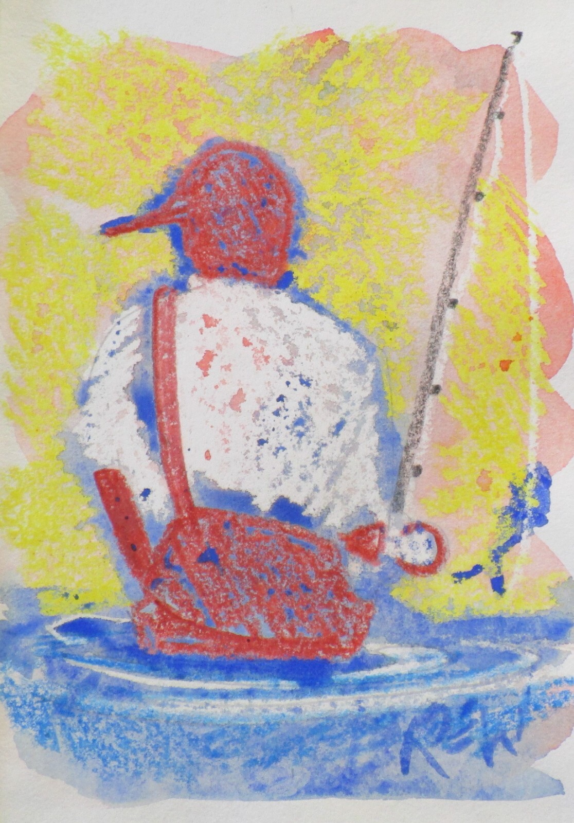Larry Lerew painting impressionism collectible original crayon fisherman COA