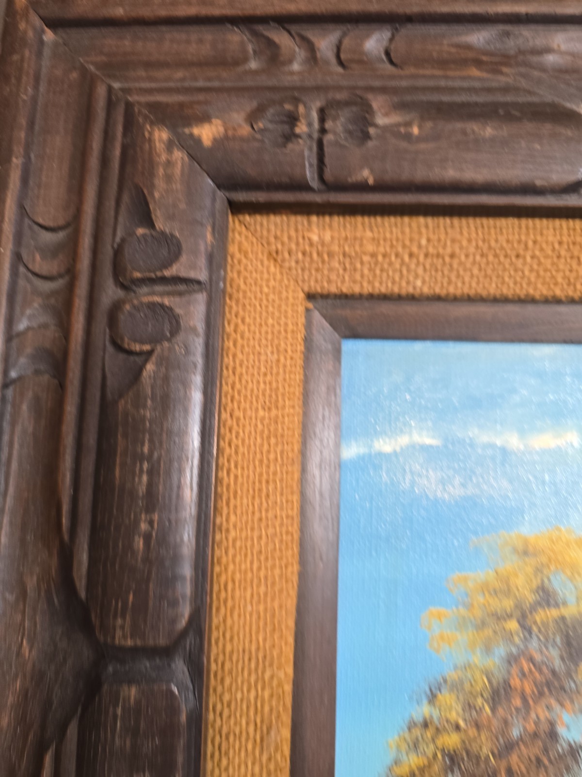 Vintage 70s Mountain Lake Landscape Oil Painting Signed Cole Carved Wood Frame