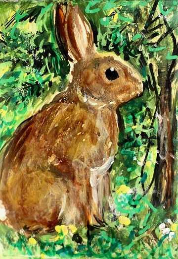 ORIGINAL ACEO Cottontail RABBIT Painting Spring Flower Bunny Animal Nature ART