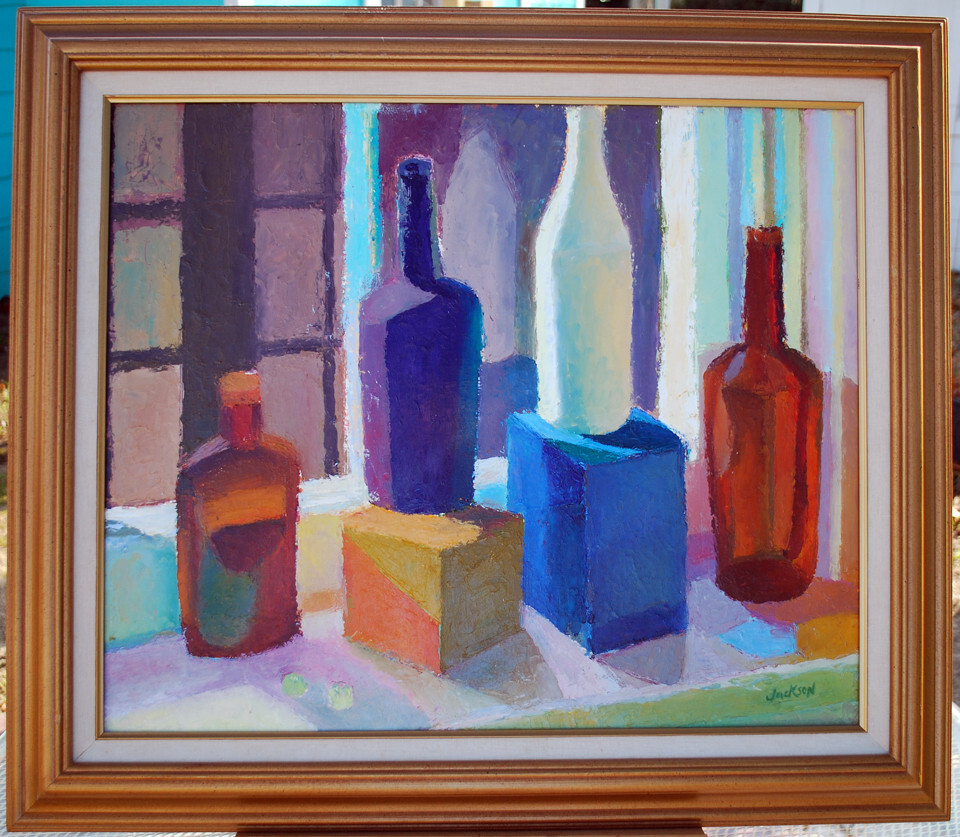  «Bottles and Blocks», Still Life oil painting. 20X24 in. Framed: 25.5X29.5 in.