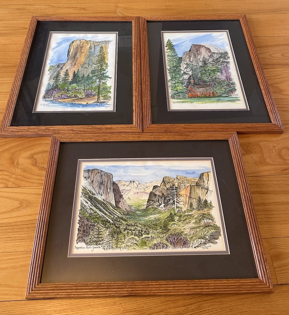 Lot-3 Letty De Loatch Framed Signed Watercolor Topographical Maps Yosemite 1996
