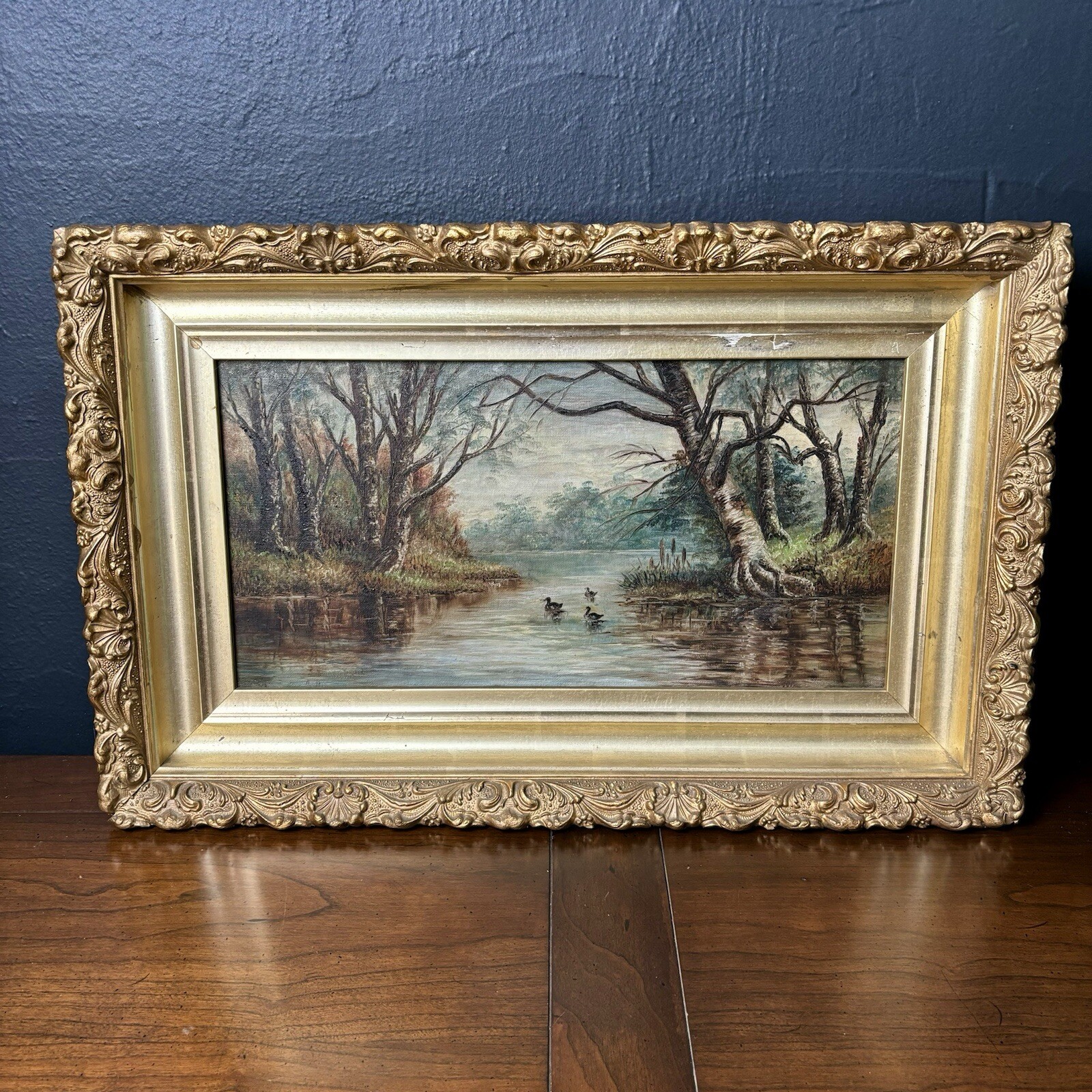 Antique 1800s Landscape Oil Painting DUCKS on POND Hudson River School Signed