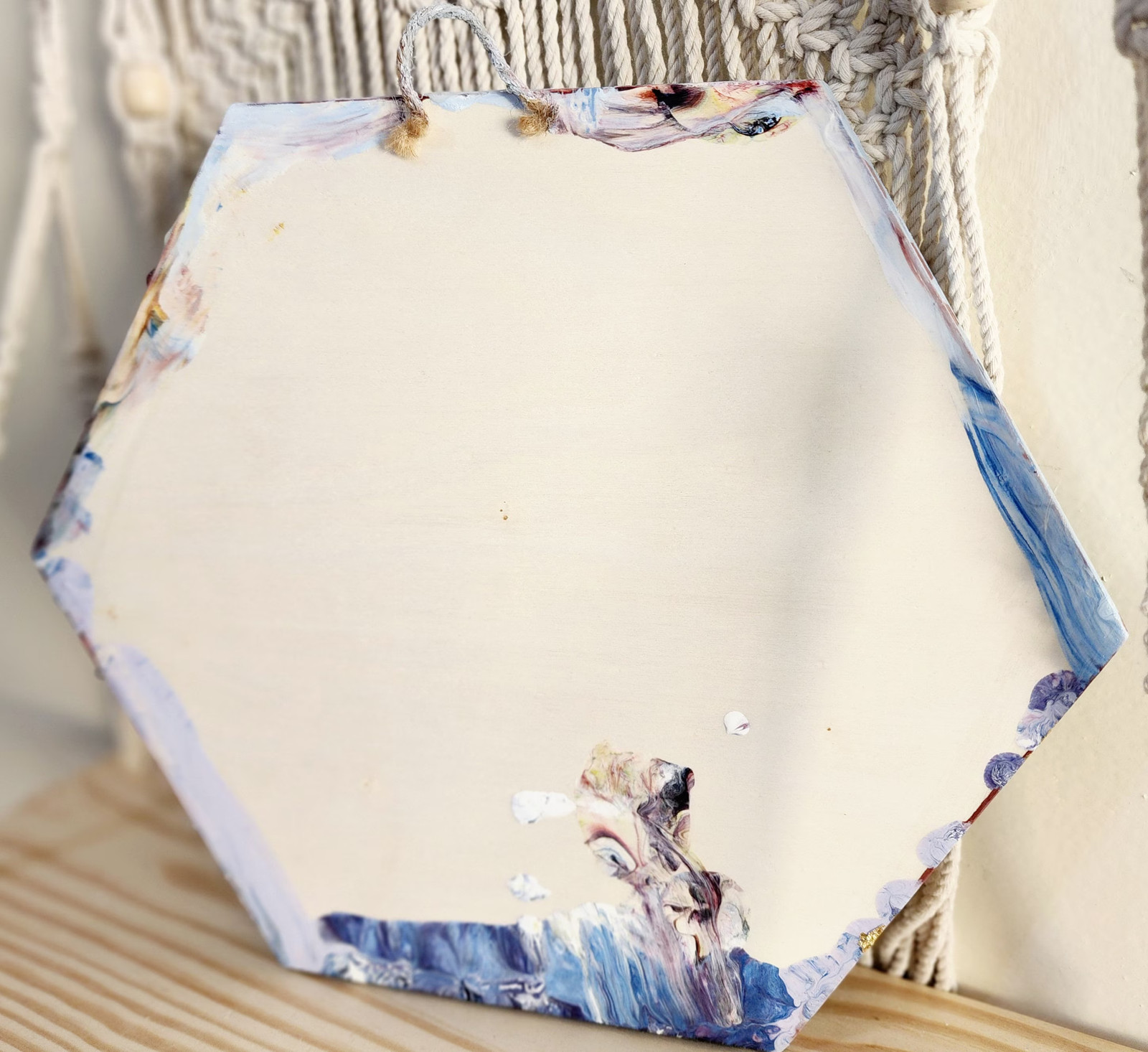 Fluid Painting On Wood Blue Hexagon Original Abstract Stormy Seas Wood Panel