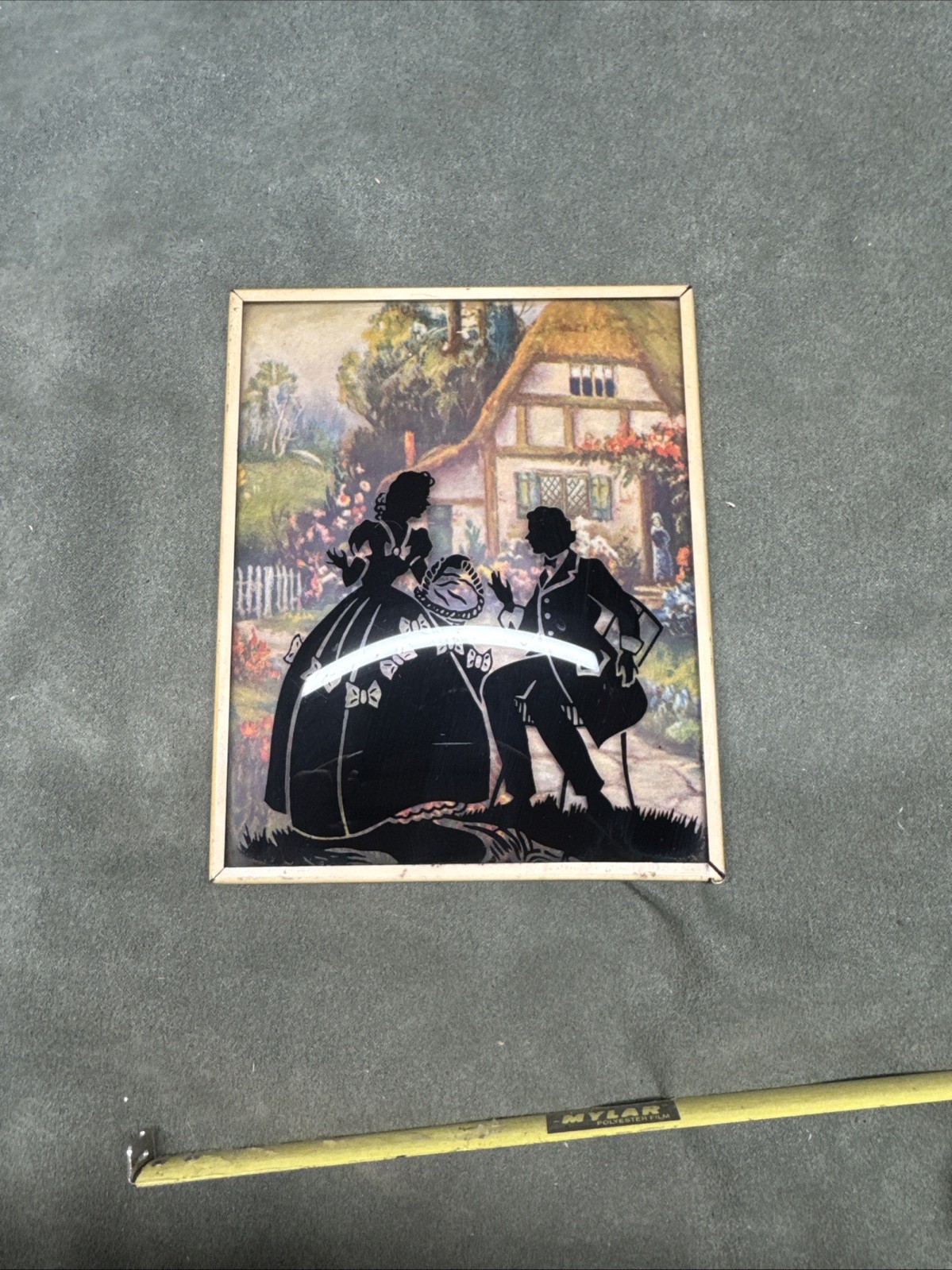 Reverse Painting Victorian Silhouette Convex Glass 4 X 5 Vintage Art Couple