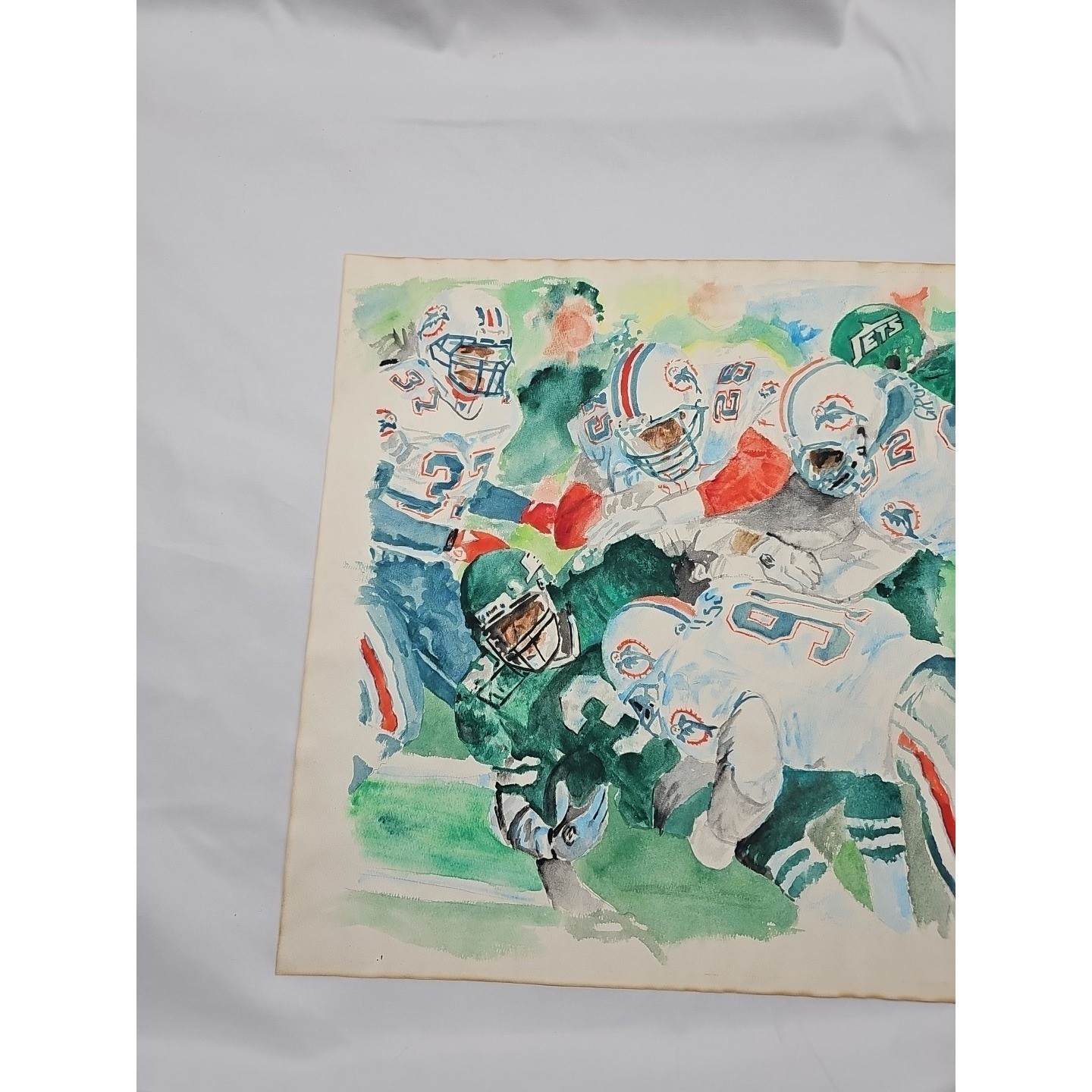 1992 Miami Dolphins NY Jets Signed Watercolor NFL Sports Art 18×23