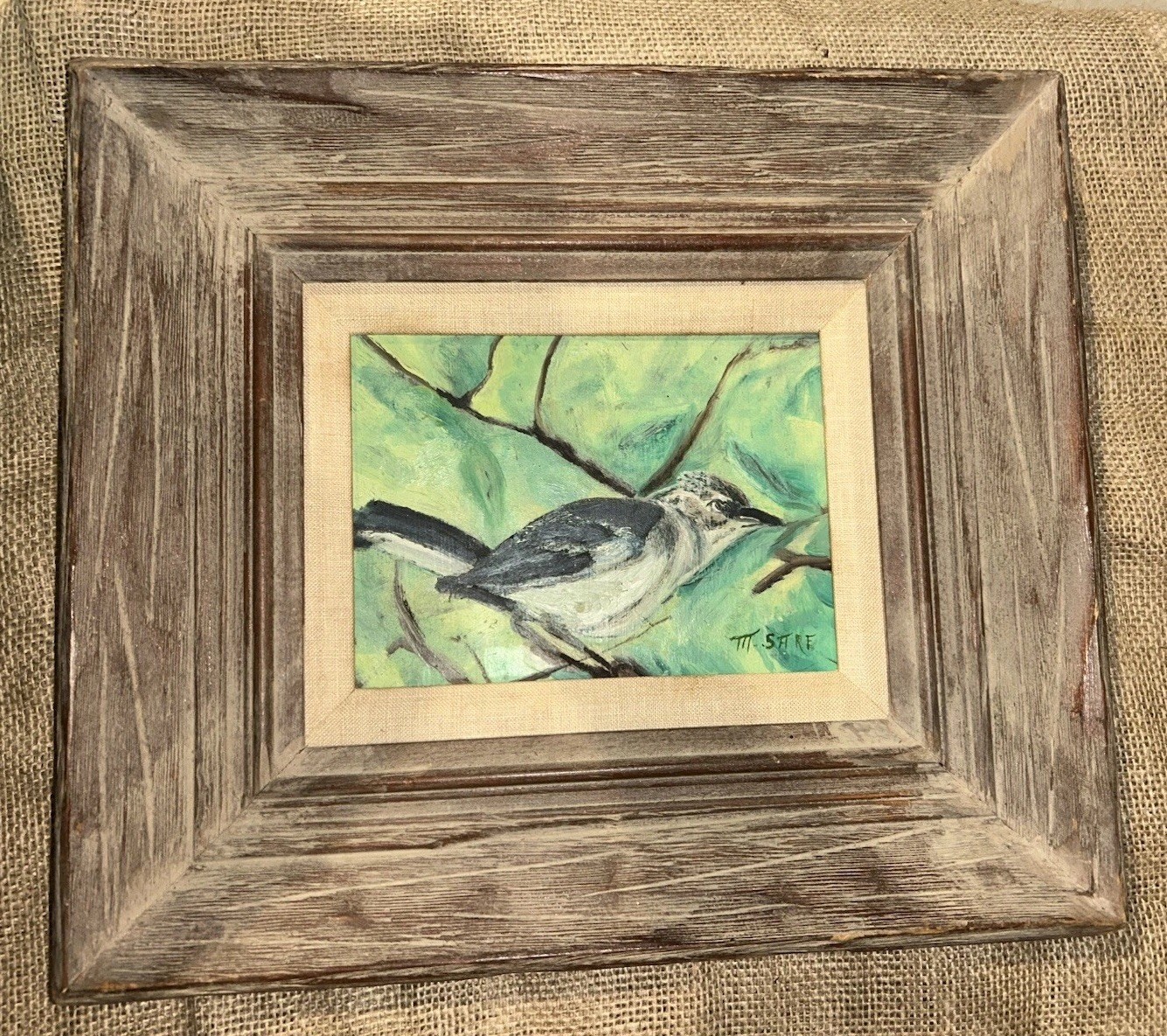 VTG Original Bird On Branch Mockingbird Signed M Sare 14.25”T 16.25”W Framed
