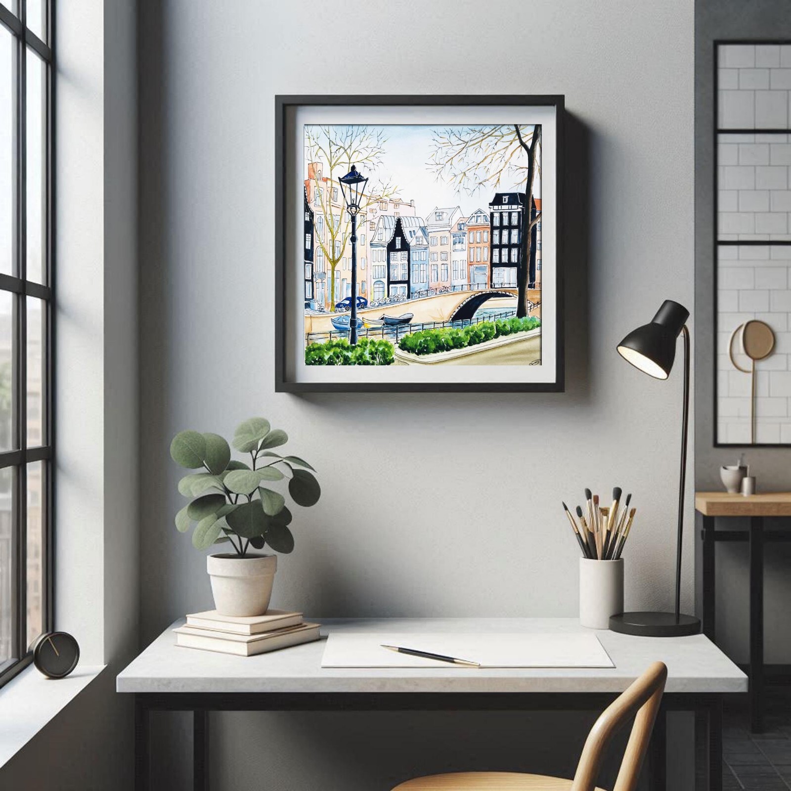 Amsterdam Original Art Netherlands Painting Watercolor Cityscape Art 12 x 12″