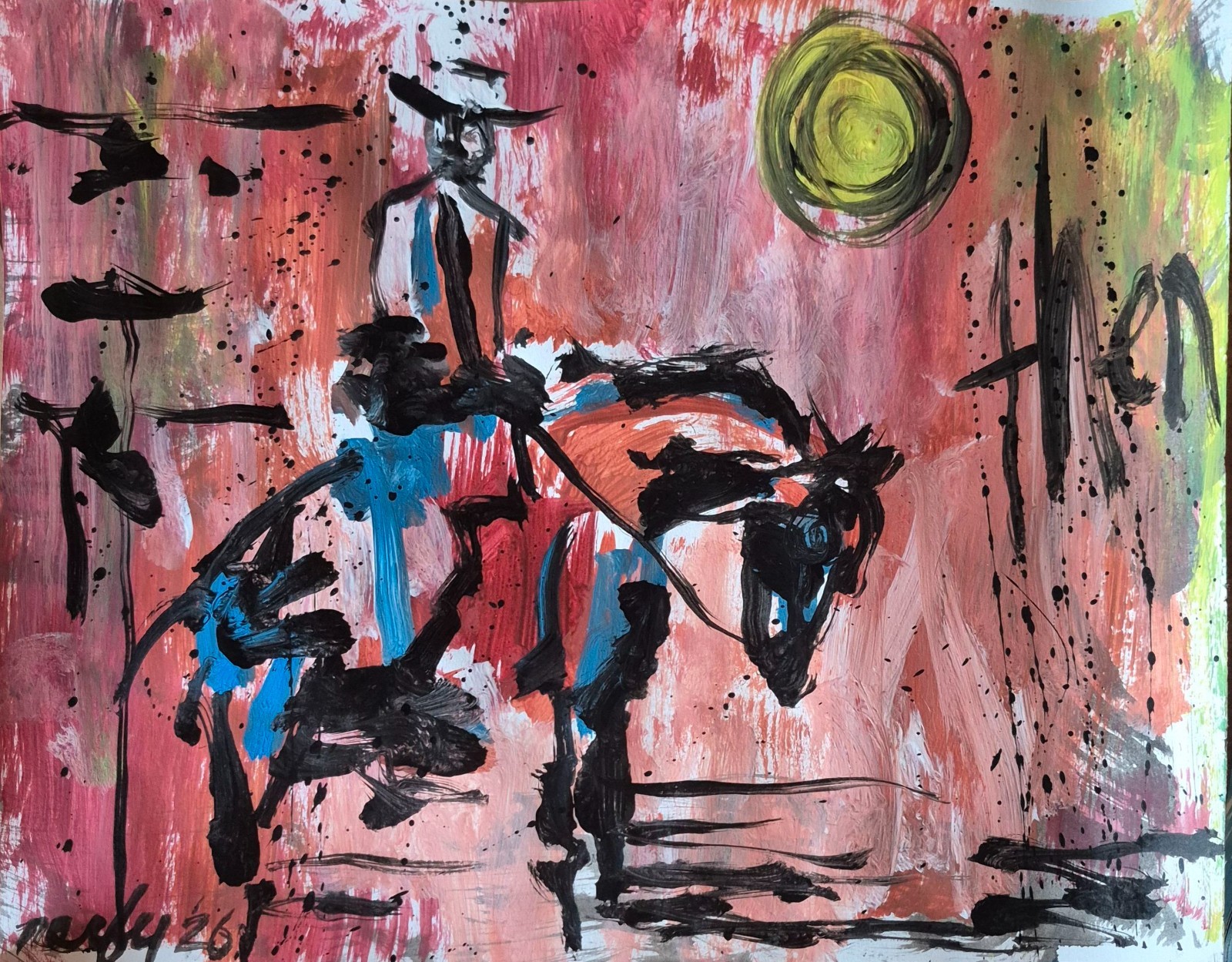 Original Hand Painted 11×14 Abstract Cowboy Acrylic Art Multi Color Signed P108