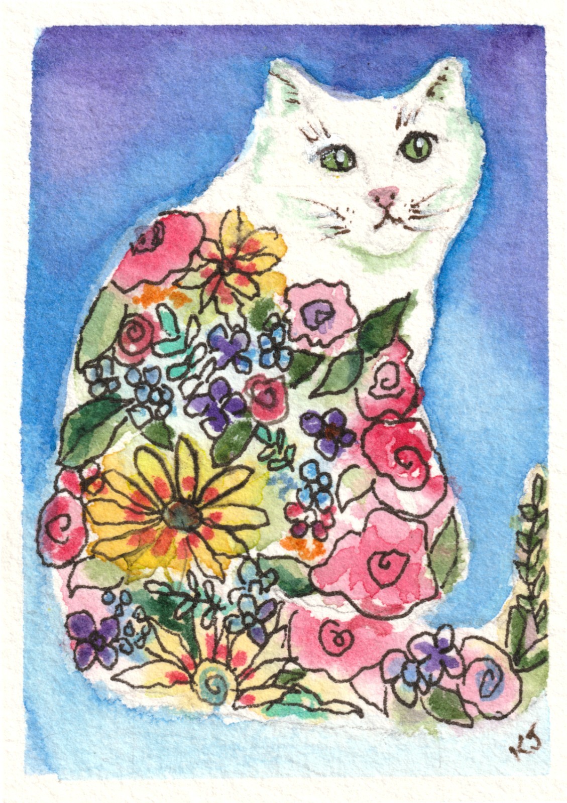 ACEO Original Cat Kitty Fantasy Floral Garden Watercolor Painting by K Jackson